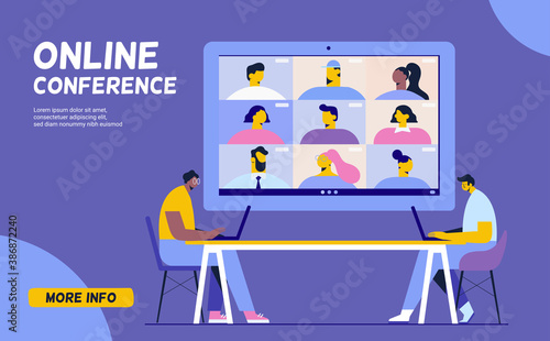 Working from home. Conference video call.
Laptop screen. Group of people talking by internet. Conference video call. Coronavirus, quarantine isolation. Stream, web chatting, online meeting friends fla