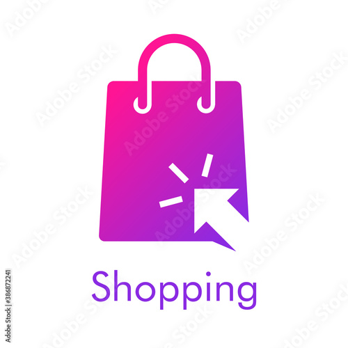 Símbolo de tienda en línea. Logotipo con texto Shopping con bolsa de la compra con flecha de cursor en color rosa