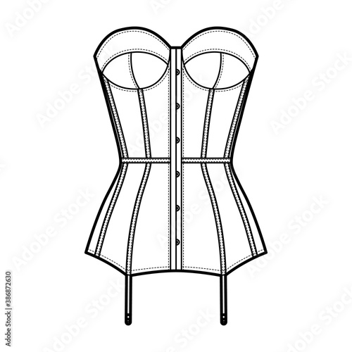 Torsolette basque bustier lingerie technical fashion illustration with molded cup, back laced, attached garters. Flat brassiere template front, white color style. Women men unisex underwear CAD mockup