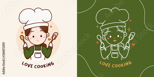 Lovely cute chef girl with wooden spoon and silicone spatula logo elements. Hand drawn vector illustration.