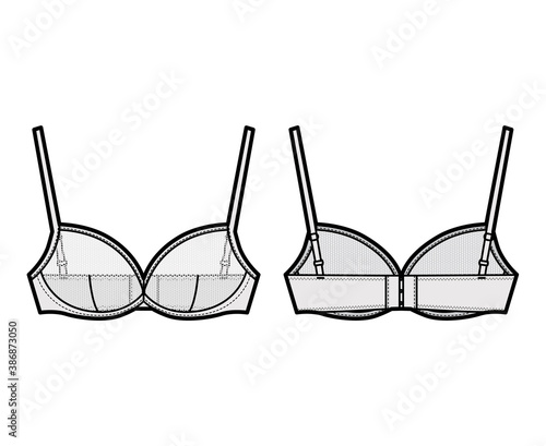 Sheer Bra lingerie technical fashion illustration with adjustable shoulder straps, hook-and-eye closure. Flat brassiere template front, back grey color style. Women men unisex underwear CAD mockup