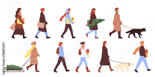 Crowd of people dressed in winter outerwear walking isolated on white background. Flat cartoon characters set. People in winter style. Christmas sale concept, shopping for holiday.