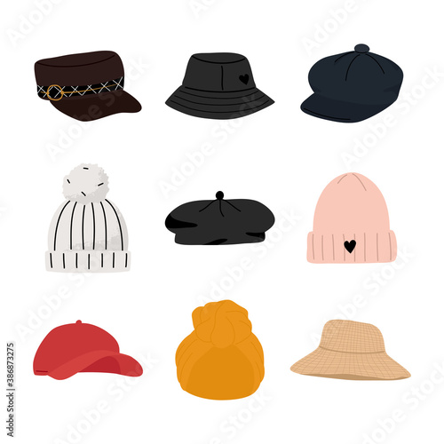 Set of modern female hats and headgears elements. Hand drawn vector illustration
