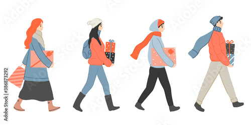 Young people on street in winter clothes hurrying for a big Christmas market sale, shopping. Women and men buying gifts for new year. Presents on holidays. flat illustration banner, greeting card.