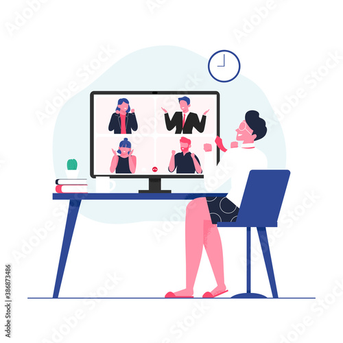 Business people celebrating victory in Video conference call group meeting. Team success hand drawn vector illustration. Remote work. Work from Home, Online webinar. Business discussion.