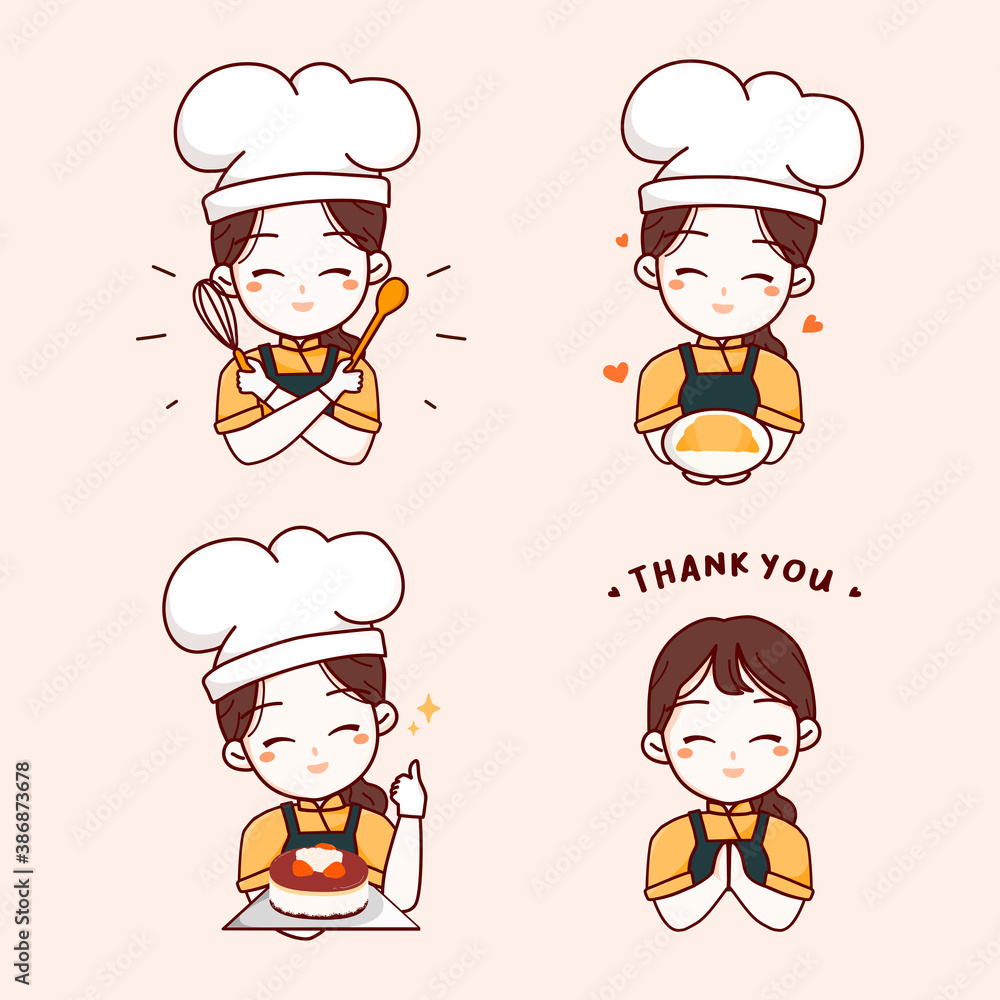 Logo template elements with cute woman chef holding plate croissant,  Birthday cake, kitchen tools and saying thank you for your order. Hand  drawn vector illustration Stock Vector | Adobe Stock