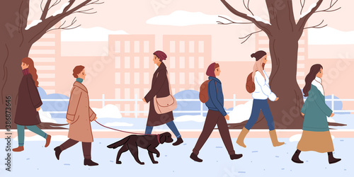 People in warm clothes, outdoor activity in the winter park. Public garden in christmas season with snow and trees. New year fair poster, flyer or banner. Man, woman relax, walking with dog.