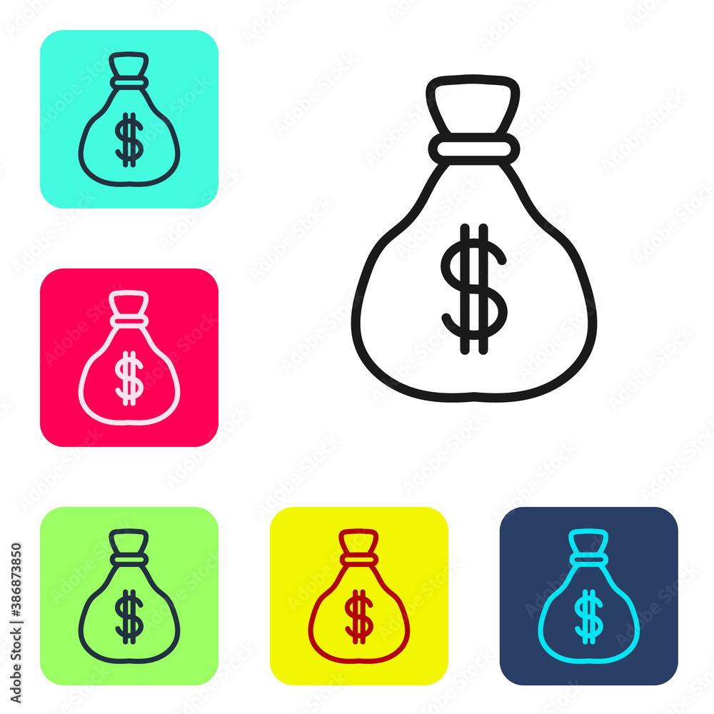 Black line Money bag icon isolated on white background. Dollar or USD symbol. Cash Banking currency sign. Set icons in color square buttons. Vector. Black line Money bag icon isolated on white background. Dollar or USD symbol. Cash Banking currency sign. Set icons in color square buttons. Vector.