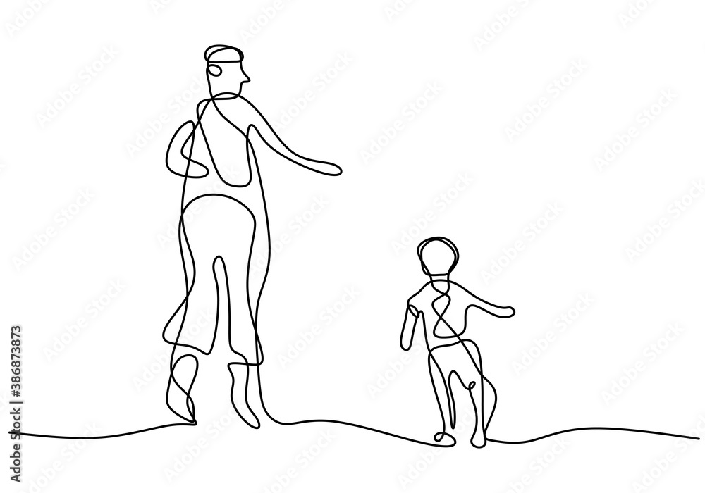 Fototapeta Single continuous line drawing of young father playing with his son. Happy daddy jumping with the boys isolated on white background. Happy family parenting concept. Minimalist style