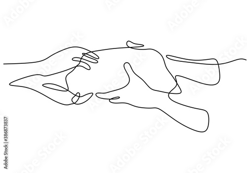 Continuous line drawing of hands giving a gift. Someone's hand gives a parcel to thank someone else's hand isolated on white background. Thanksgiving concept. minimalist style. Vector illustration