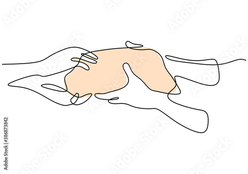 Continuous line drawing of hands giving a gift. Someone's hand gives a parcel to thank someone else's hand isolated on white background. Thanksgiving concept. minimalist style. Vector illustration