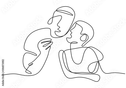 Young man holds in his arms a child continuous one line drawing. A little kid kisses him in response. Character a child boy kisses a dad. Happy Father's Day. Vector illustration. Minimalism design