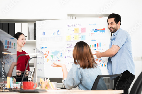 Coworking process, Corporate employees team working brainstorm project and present develop planning with whiteboard. Business startup company teamwork on meeting in modern office room