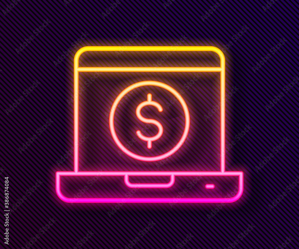 Glowing neon line Laptop with dollar icon isolated on black background. Sending money around the world, money transfer, online banking, financial transaction. Vector. Glowing neon line Laptop with dollar icon isolated on black background. Sending money around the world, money transfer, online banking, financial transaction. Vector.