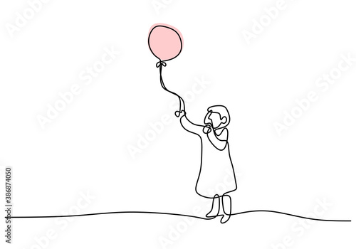 One continuous line drawing of little girls playing balloons. Cute child girl is holding a waving balloon in the wind isolated on white background. Childhood concept. Vector illustration
