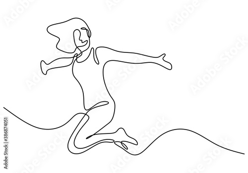 Continuous line drawing of jumping happy woman. Young attractive girl jump looks happy and freedom isolated on white background. Achievement, and dream of success concept. Vector sketch illustration