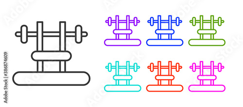 Black line Bench with barbel icon isolated on white background. Gym equipment. Bodybuilding, powerlifting, fitness concept. Set icons colorful. Vector.