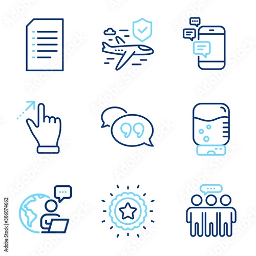 Business icons set. Included icon as Water cooler, Document, Flight insurance signs. Communication, Quote bubble, Touchscreen gesture symbols. Employees group, Winner star line icons. Vector