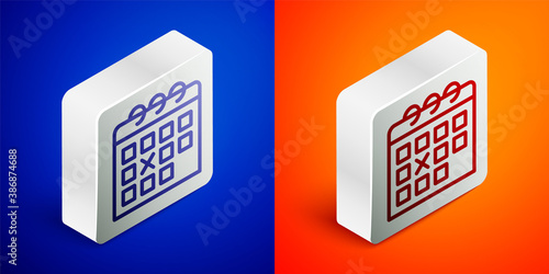 Isometric line Calendar fitness icon isolated on blue and orange background. Training schedule. Silver square button. Vector.