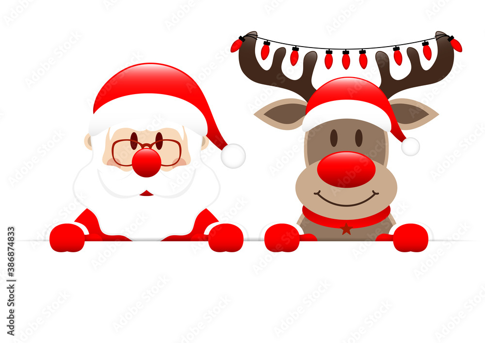 Weihnachtsmann Und Rentier Mit Lichterkette Halten Horizontales Banner  Stock Vector | Adobe Stock
