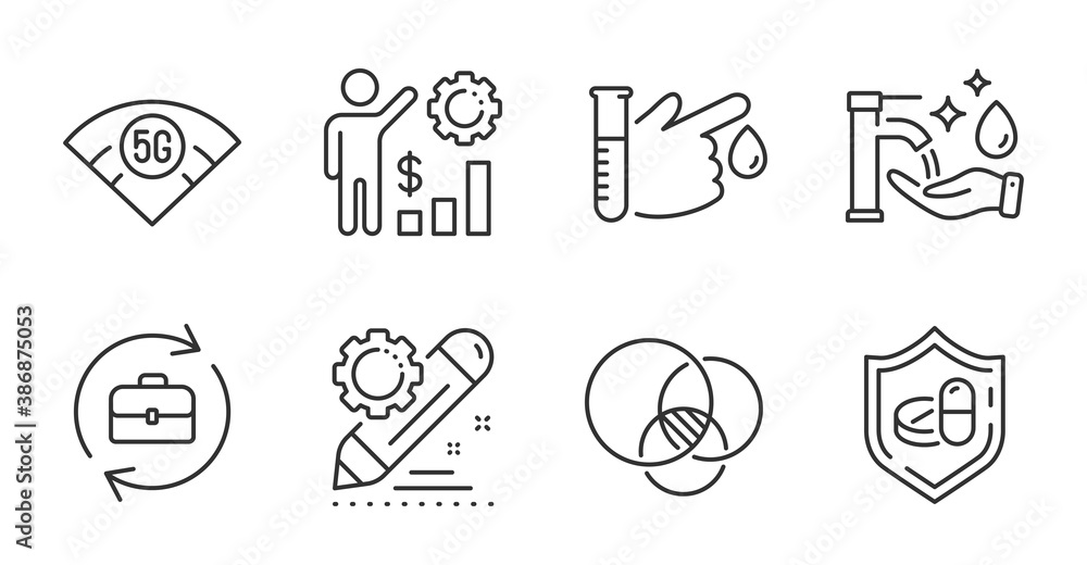 Fototapeta premium Employees wealth, Washing hands and Medical tablet line icons set. 5g wifi, Human resources and Project edit signs. Euler diagram, Blood donation symbols. Quality line icons. Vector