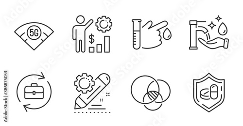 Employees wealth, Washing hands and Medical tablet line icons set. 5g wifi, Human resources and Project edit signs. Euler diagram, Blood donation symbols. Quality line icons. Vector