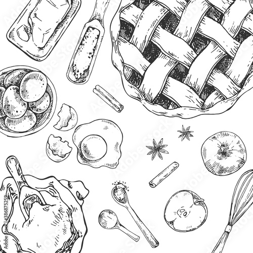 Hand drawn vector illustration of apple pie recipe. Inventory and bake cooking products. Pastry and bakery for fast food menu, cafe decor