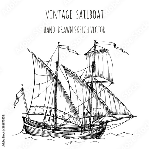 Old caravel, vintage sailboat. Hand drawn vector sketch. Detail of the old geographical maps of sea