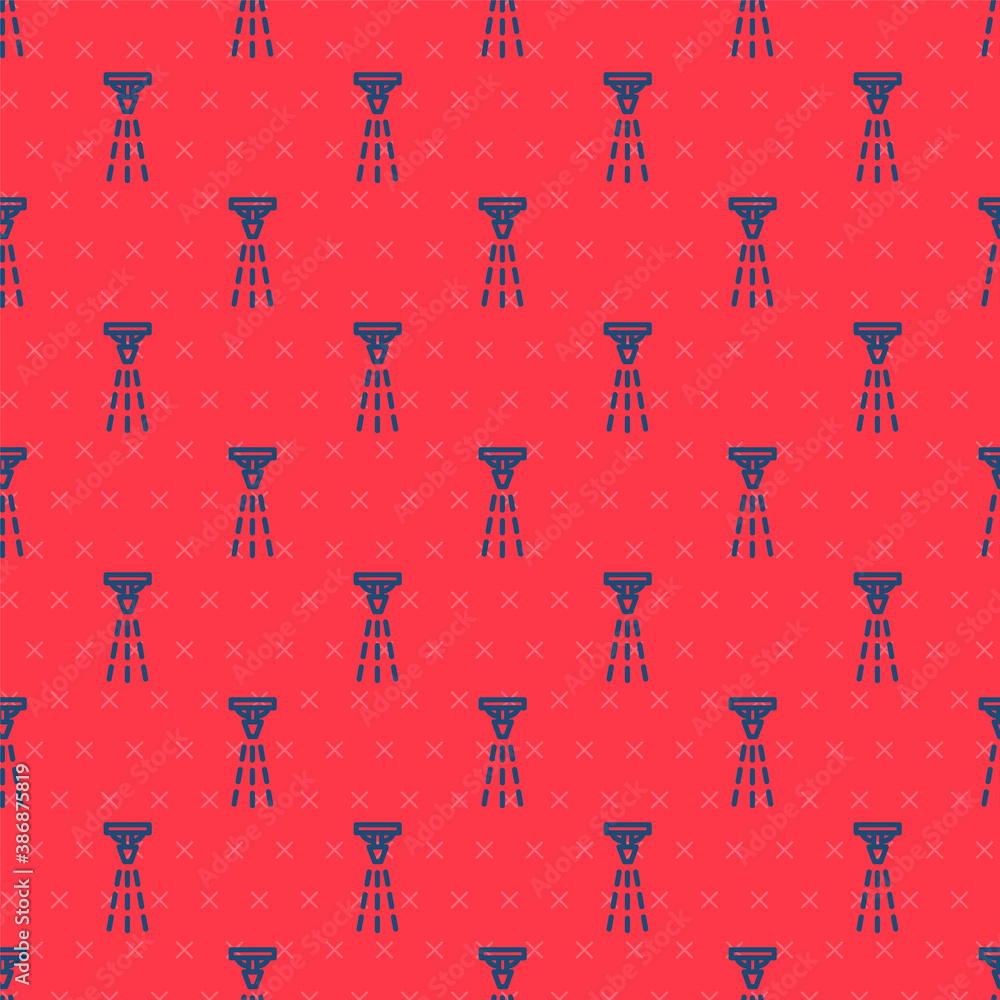 Blue line Fire sprinkler system icon isolated seamless pattern on red background. Sprinkler, fire extinguisher solid icon. Vector. Blue line Fire sprinkler system icon isolated seamless pattern on red background. Sprinkler, fire extinguisher solid icon. Vector.