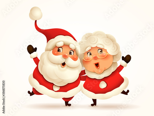 Santa Claus and his wife Mrs Claus arm over shoulder. Vector illustration of Christmas character on plain background. Isolated.