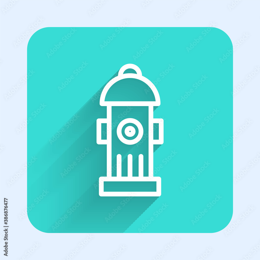 White line Fire hydrant icon isolated with long shadow. Green square button. Vector. White line Fire hydrant icon isolated with long shadow. Green square button. Vector.