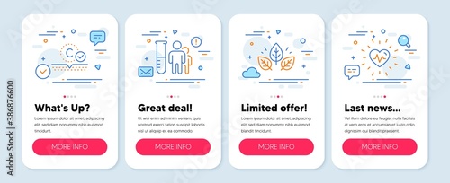 Set of Healthcare icons, such as Collagen skin, Organic tested, Medical analyzes symbols. Mobile screen banners. Heartbeat line icons. Skin care, Bio ingredients, Medicine results. Vector