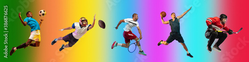 High jump. Sport collage of professional athletes on gradient multicolored neoned background, flyer. Concept of motion, action, power, target, healthy, active lifestyle. Football, basketball, hockey © master1305