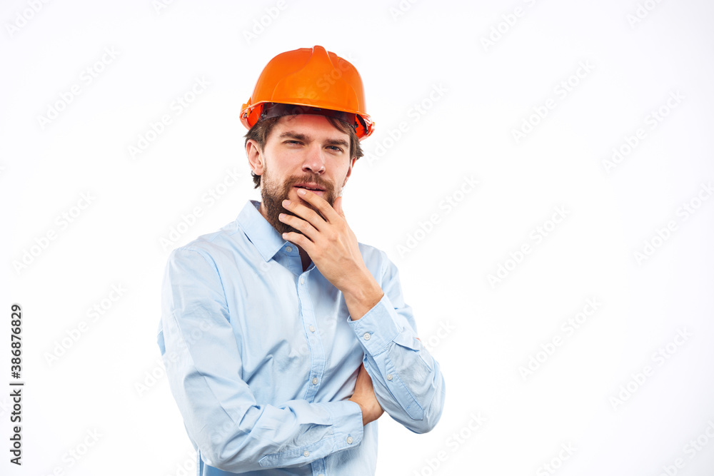 Emotional man in orange paint construction industry work lifestyle Emotional man in orange paint construction industry work lifestyle