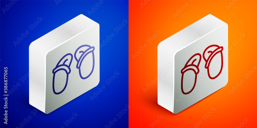 Isometric line Flip flops icon isolated on blue and orange background. Beach slippers sign. Silver square button. Vector. Isometric line Flip flops icon isolated on blue and orange background. Beach slippers sign. Silver square button. Vector.