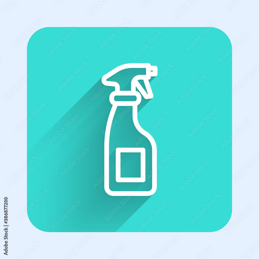 White line Cleaning spray bottle with detergent liquid icon isolated with long shadow. Green square button. Vector. White line Cleaning spray bottle with detergent liquid icon isolated with long shadow. Green square button. Vector.
