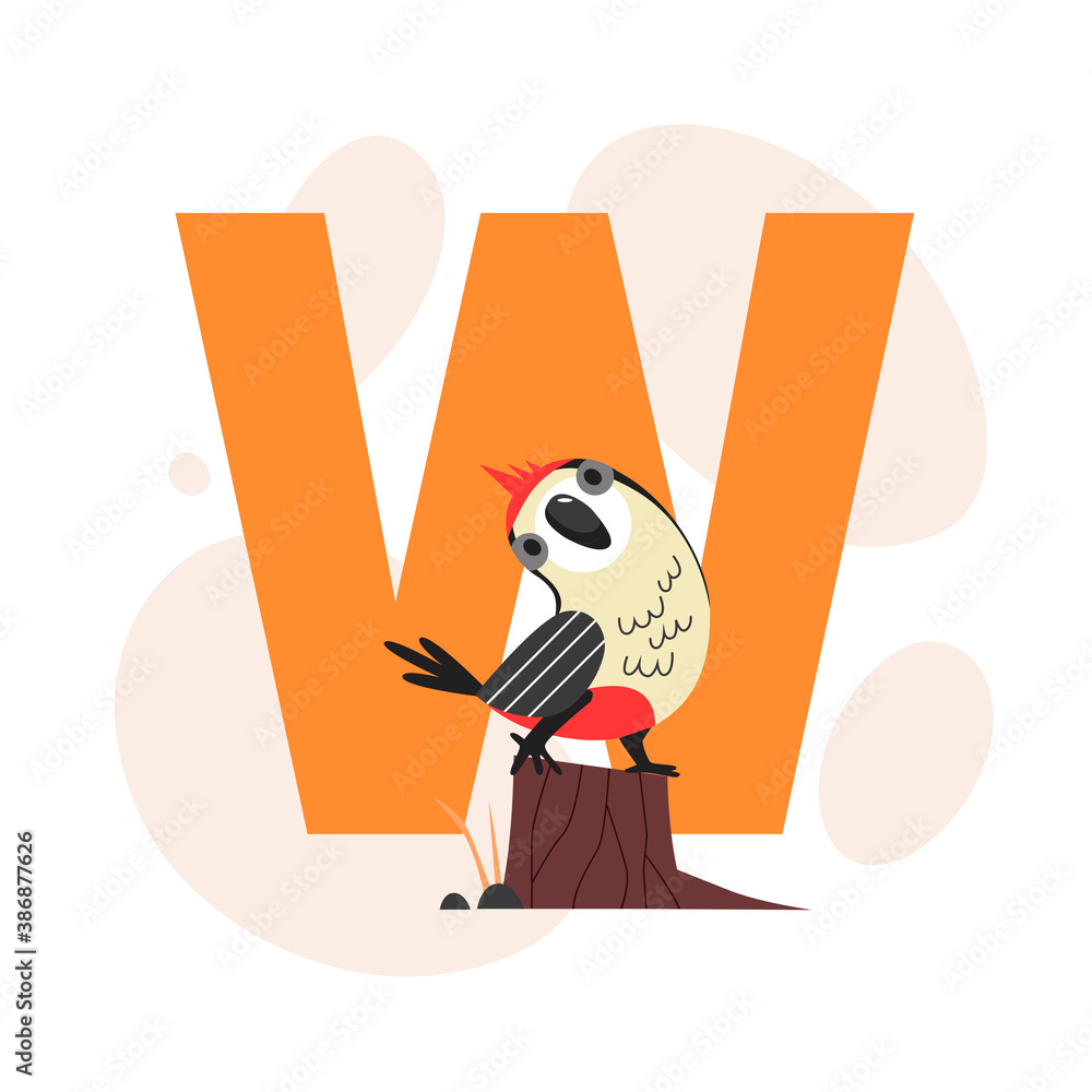 Children ABC english animal alphabet with W letter and cute Woodpecker ...