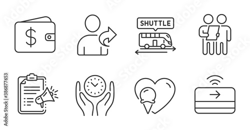 Dollar wallet  Ice cream and Refer friend line icons set. Shuttle bus  Safe time and Contactless payment signs. Survey  Megaphone checklist symbols. Cash money  Sundae cone  Share. Vector