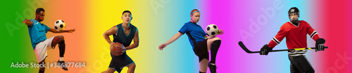 Win moment. Sport collage of professional athletes on gradient multicolored neoned background  flyer. Concept of motion  action  power  healthy  active lifestyle. Football  soccer  hockey  basketball