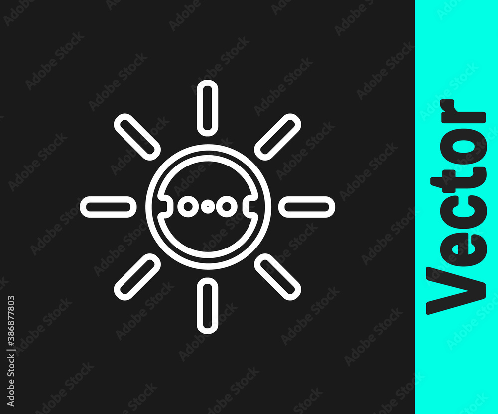 White line Solar energy panel icon isolated on black background. Sun with lightning symbol. Vector. White line Solar energy panel icon isolated on black background. Sun with lightning symbol. Vector.