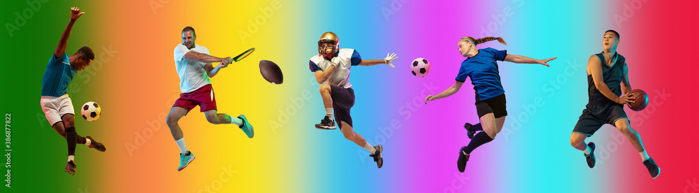 Flying high. Sport collage of professional athletes on gradient multicolored neoned background, flyer. Concept of motion, action, power, healthy, active lifestyle. Football, soccer, basketball, tennis