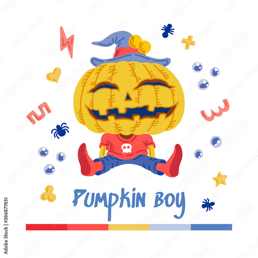 Halloween cartoon character Jack o Lantern. Hand-drawn vector illustration with Pumpkin and small patterns. Mystery, All Saints Day concept for halloween party, posters, greeting cards Halloween cartoon character Jack o Lantern. Hand-drawn vector illustration with Pumpkin and small patterns. Mystery, All Saints Day concept for halloween party, posters, greeting cards