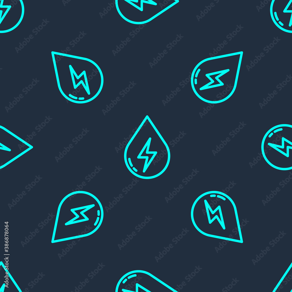 Green line Water energy icon isolated seamless pattern on blue background. Ecology concept with water droplet. Alternative energy concept. Vector. Green line Water energy icon isolated seamless pattern on blue background. Ecology concept with water droplet. Alternative energy concept. Vector.