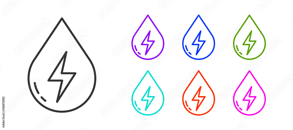 Black line Water energy icon isolated on white background. Ecology concept with water droplet. Alternative energy concept. Set icons colorful. Vector. Black line Water energy icon isolated on white background. Ecology concept with water droplet. Alternative energy concept. Set icons colorful. Vector.