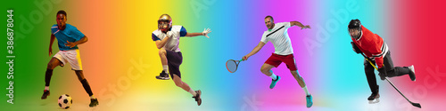 On the run. Sport collage of professional athletes on gradient multicolored neoned background, flyer. Concept of motion, action, power, healthy, active lifestyle. Football, soccer, tennis, hockey