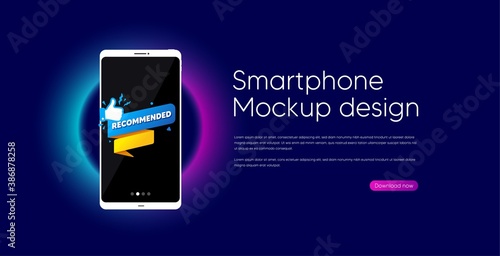 Recommended paper banner. Mobile phone vector mockup. Best deal tag. Bubble with thumbs up icon. Smartphone mockup template. Recommended banner banner. Phone screen frame. Neon background. Vector