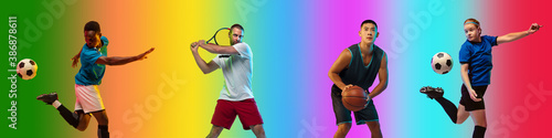 Sport collage of professional athletes on gradient multicolored neoned background, flyer. Concept of motion, action, power, target and healthy, active lifestyle. Tennis, football, basketball. © master1305