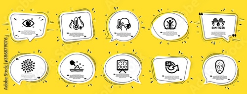 Medical icons set. Speech bubble offer banners. Yellow coupon badge. Included icon as Skin moisture, Recovered person, Fever temperature signs. Face biometrics, Health eye, Coronavirus symbols. Vector