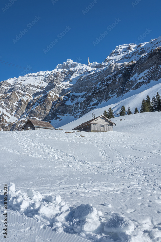 Almhütten und Alpsteinmassiv mit Säntis im Winter, Kanton Appenzell-Ausserrhoden, Schweiz
