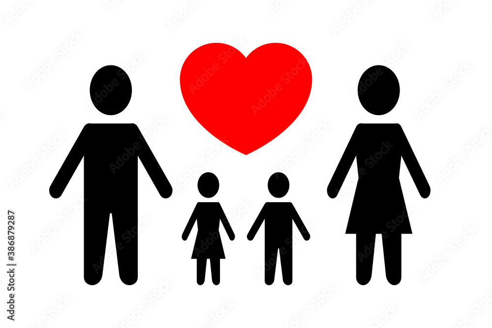 Black silhouettes of family and red heart on white background. Mom, dad and children. Family with a daughter and son Black silhouettes of family and red heart on white background. Mom, dad and children. Family with a daughter and son